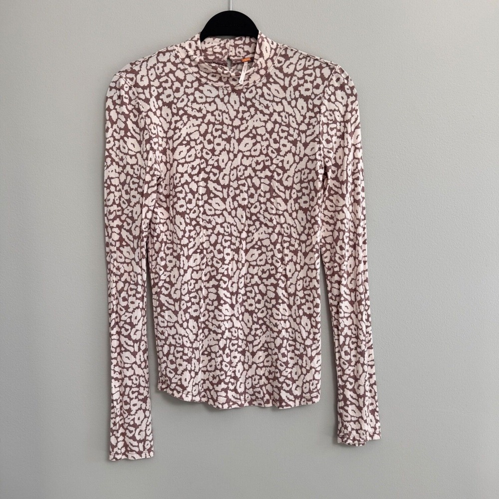 Free People Mock Neck Top Animal Print Long Sleeve Blouse Casual Size‎ M